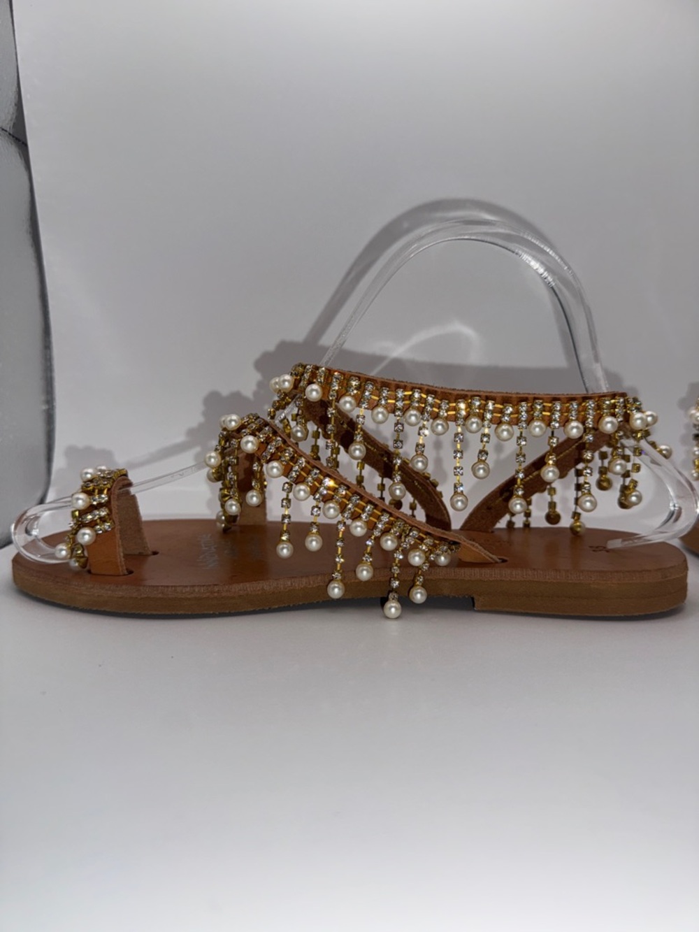 Innovative Greek Sandals GSP Real Leather Pearl Rhinestone Gold Flat Sandal - Picture 6 of 16